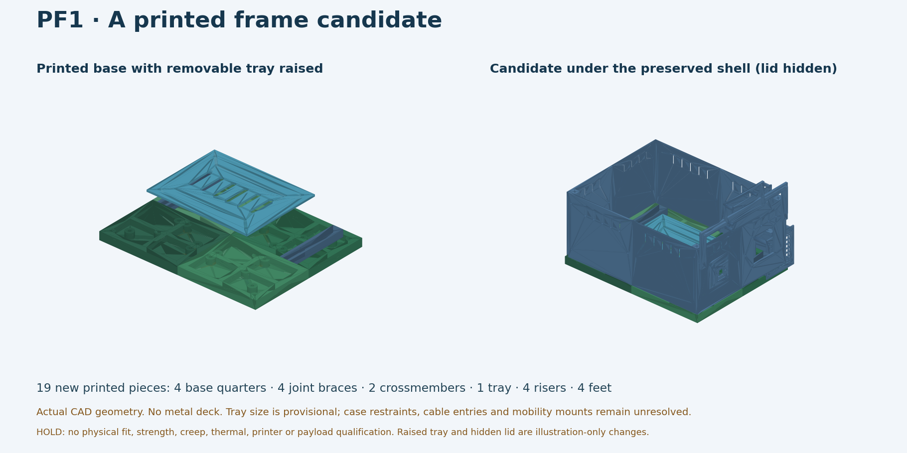 Actual CAD illustration of the current printed-frame candidate. The internal tray is raised for visibility; this is not a photograph or a load-qualified assembly.
