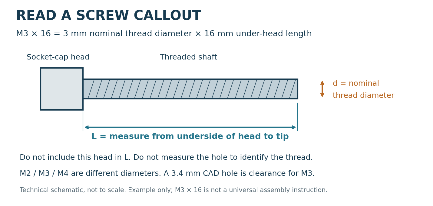 Technical measurement diagram; the example length is not a released universal screw size.