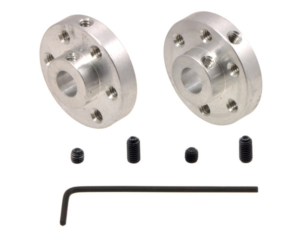 A pair of Pololu universal aluminum mounting hubs for 6 mm diameter shafts.