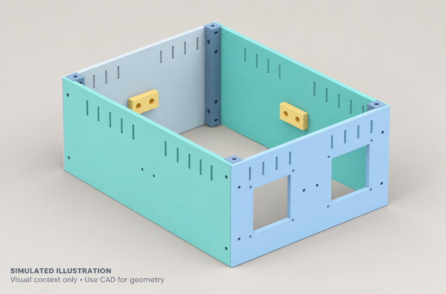 AI-generated contextual illustration of the open rectangular robot shell, with upper vents, corner posts, interior seam joiners and two empty front apertures.