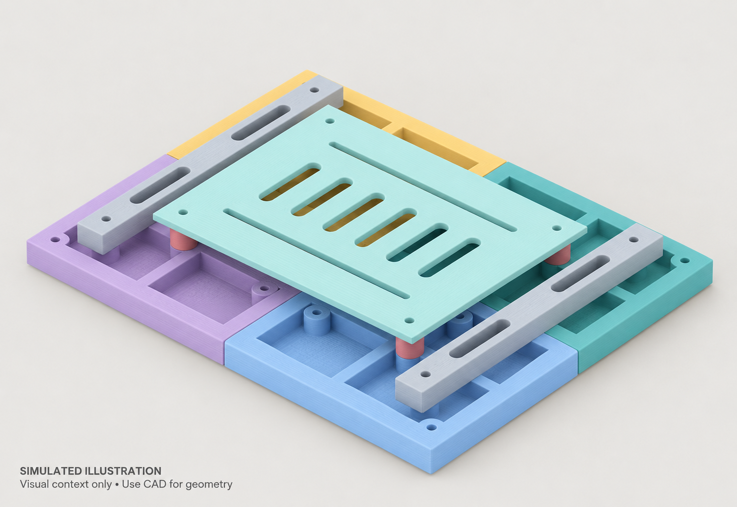 AI-generated contextual illustration of a four-color ribbed frame with two slotted crossmembers and a raised slotted tray.